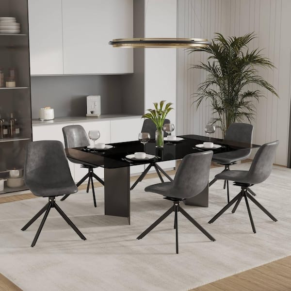 Leather Dining Chair with 360° Swivel in Black Iron Ergonomic Modern Accent Side Chair in Grey