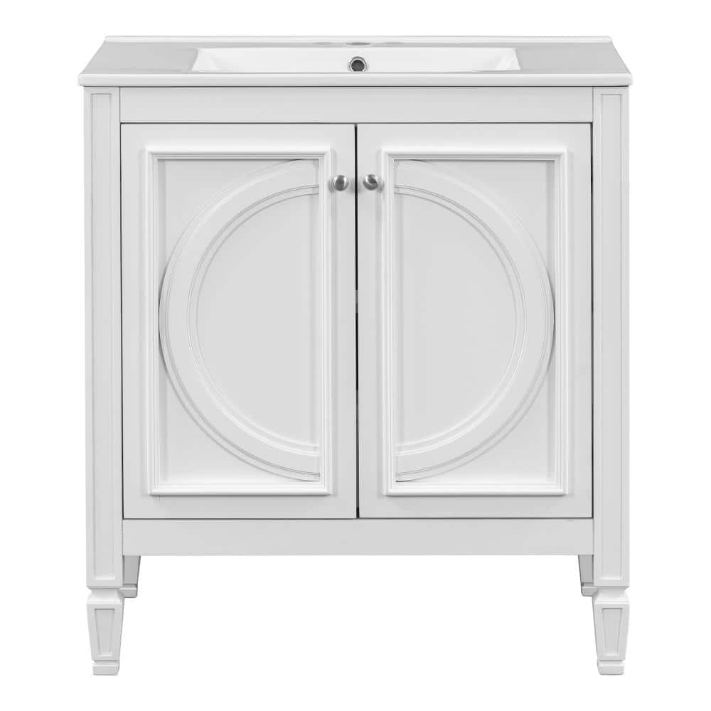 30in. W in Single of Sink Vintage Style Vanity White Bath Vanity with White Ceramic Top Basin