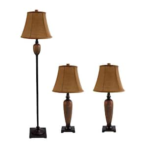 58 in. Hammered Bronze Traditional Valdivian 3 Piece Metal Lamp Set (2 Table Lamps, 1 Floor Lamp) with Brown Shades