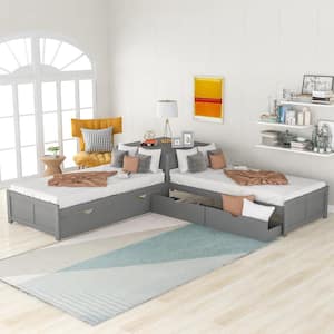 117.6 in. L x 117.6 in. W Gray Pine L-shaped Platform Bed with Trundle Drawers and Table