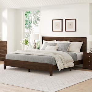 Lazio Mid Century Brown Walnut Solid Wood Frame King Size Platform Bed Frame with Headboard Wooden Slat Support