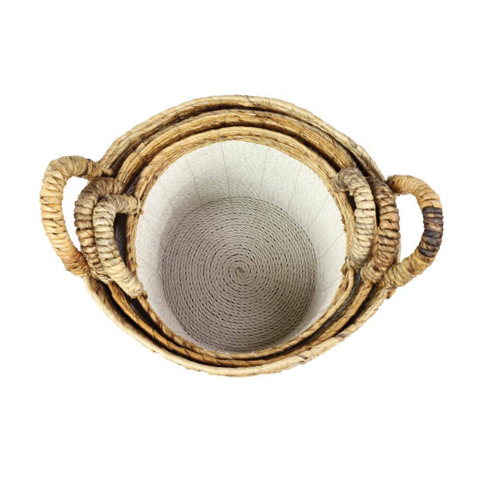 Handwoven White and Natural Seagrass Round Storage Baskets, Set of 3