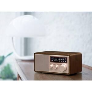 AM/FM/Bluetooth Dark Walnut Wood Cabinet Radio with Rose Gold Face Plate and USB Charging Port