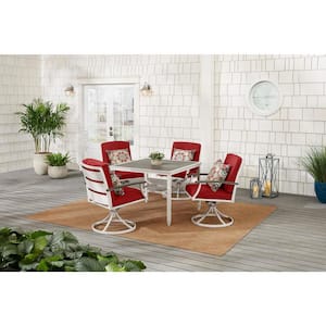 Marina Point 5-Piece White Steel Outdoor Patio Dining Set with CushionGuard Chili Red Cushions & Painted Steel Tabletop