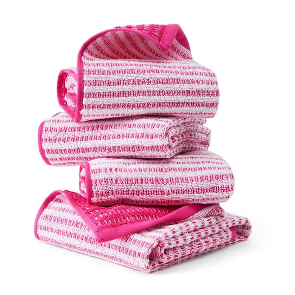 Striped Reversible Terry Organic Cotton 20 in. x 30 in. Pink Hand Towel Set 4-Pack
