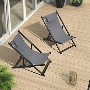 Aluminum Frame Patio Bistro Set With 2 Folding Portable Lounge Chairs, Gray