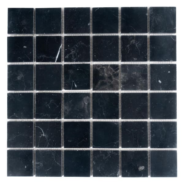 Vigoro 12 in. x 12 in. Polished Black Nero Marquina Marble Mosaic Wall and Floor Tile (5 sq. ft./case) - 5 pack