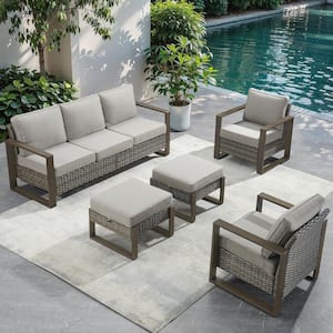 CubeEdge 5-Piece Gray Wicker Patio Conversation Set with Olefin Gray Cushions and Couch/ Porch Furniture Sets