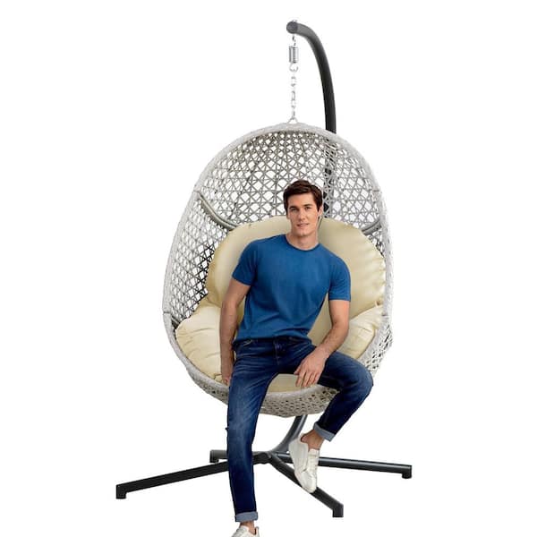 Zeus & Ruta Outdoor Indoor Freestanding Wicker Swing Egg Chair with Beige Cushion and Stand