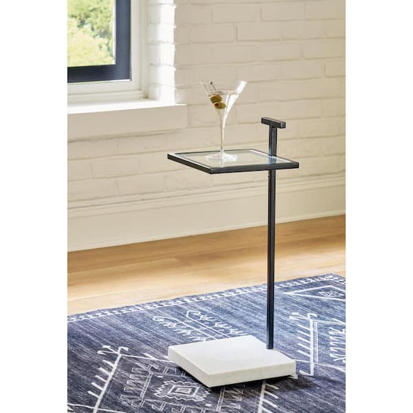 Signature DESIGN BY ASHLEY Mannill 10 in. Black Square Glass End Table with Storage and Pedestal Base and Shelves