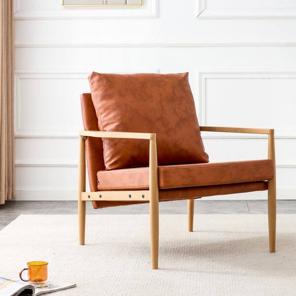 Aoibox Dark Brown PU and Wood Mid-Century Arm Chair with Extra-Thick Padded Backrest and Seat Cushion