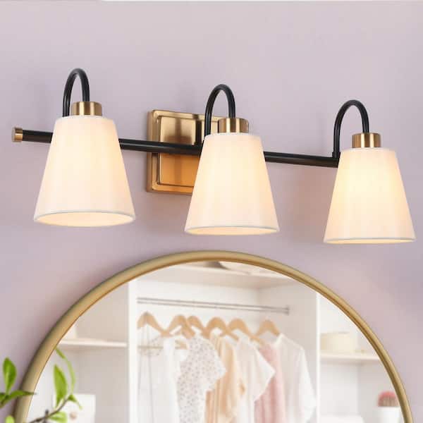 LNC Modern Classic 3-Light Black and Plating Brass Vanity Light with White Cone Fabric Shades for Bathroom Vanity