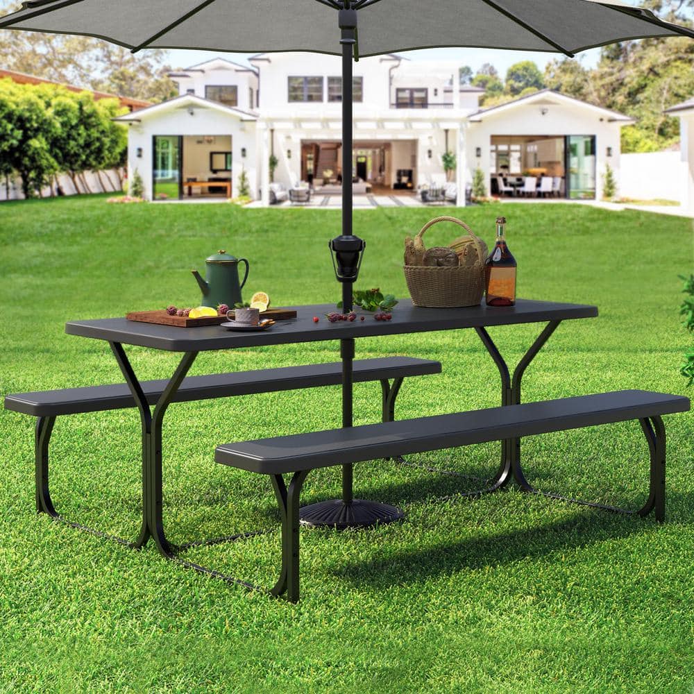 6 ft Black HDPE Outdoor Picnic Table with Stainless Steel Legs