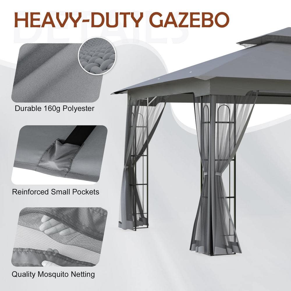 Gray 13x11 Metal Patio Gazebo with Mosquito Netting
