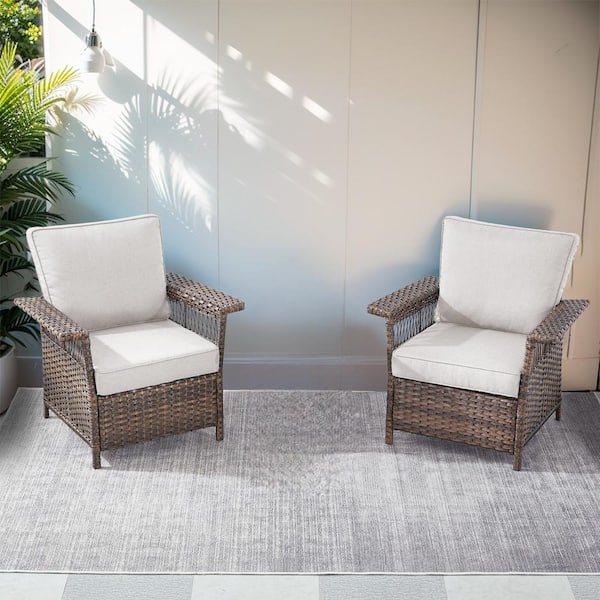 moosprr Porch Brown Wicker Outdoor Lounge Chair with Beige Cushions (2-Pack)