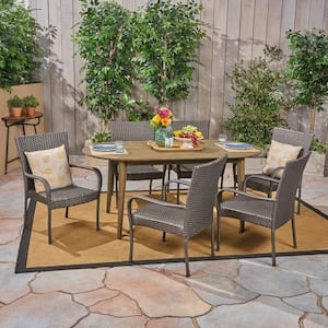 Elderon Grey 7-Piece Wood and Grey Faux Rattan Outdoor Dining Set