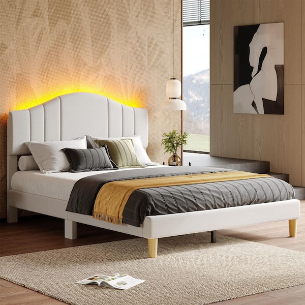 PINMOCO Beige Wood Frame Queen Upholstered Platform Bed