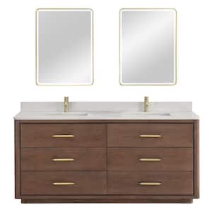 Porto 72 in. W x 22 in. D x 33.8 in. H Double Sink Bath Vanity in Dark Brown with White Quartz St1 Top and Mirror