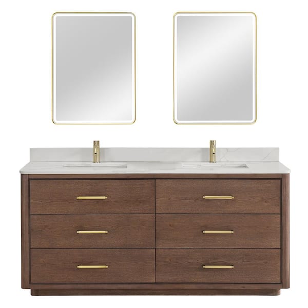 ROSWELL Porto 72 in. W x 22 in. D x 33.8 in. H Double Sink Bath Vanity in Dark Brown with White Quartz St1 Top and Mirror
