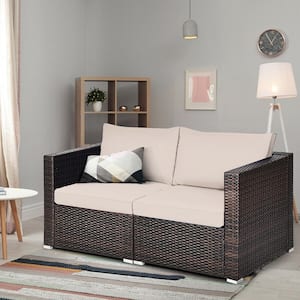2-Piece Wicker Patio Conversation Set Corner Sofa Set with Beige Cushions