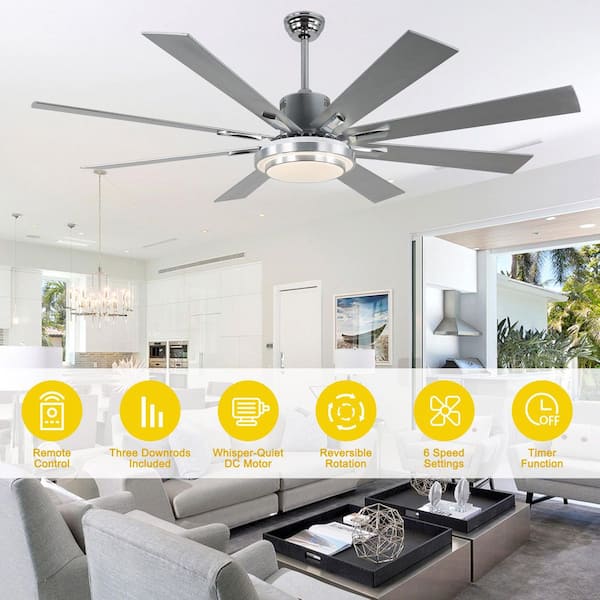 Areo72 in. Indoor Modern Chrome Large Ceiling Fan with LED Light and Remote,Reversible 6-Speed Fan Light for Living Room