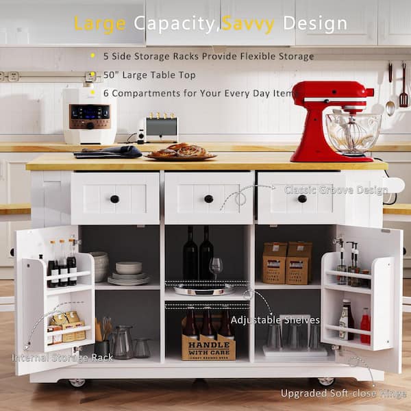 White Wood 53 in. Kitchen Island with 2-Bar Stools, Drop Leaf, 3-Drawers, Rolling Kitchen Cart with 3-Drawers