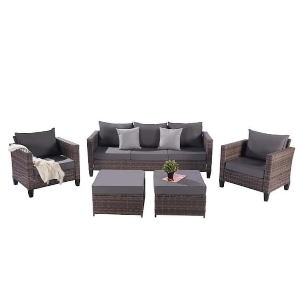 Afoxsos 5-Piece Brown Rattan Wicker Outdoor Sectional Sofa Set with Ottomans and Cushions -Gray