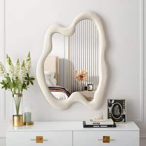 28 in. W x 36 in. H Irregular Beige Wall-mounted Mirror Flannel Wrapped Wooden Frame Decorative Wavy Mirror