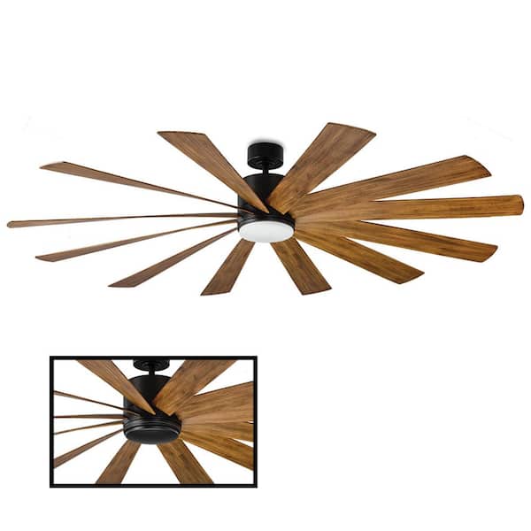 Modern Forms Windflower 80 in. Smart Indoor/Outdoor 12-Blade Ceiling Fan Matte Black Distressed Koa with 3000K LED and Remote Control