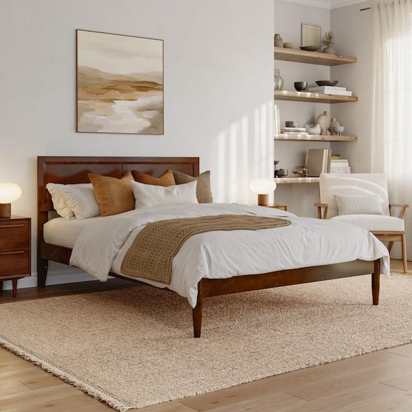 Ellarie Walnut Brown Wood Frame Full Platform Bed with Adjustable Headboard