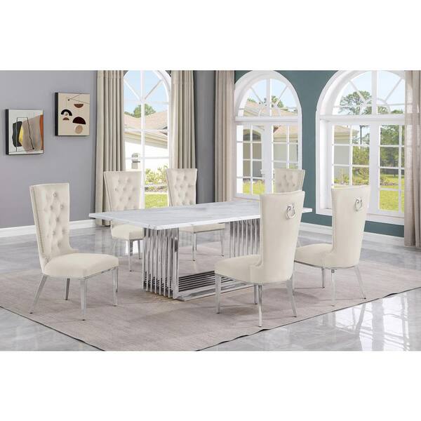 Best Quality Furniture Lisa 7-Piece Rectangular White Marble Top Stainless Steel Base Dining Set With 6-Cream Velvet Fabric Chairs