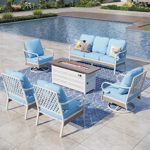 White 6-Piece Metal Outdoor Patio Conversation Seating Set with Swivel Chairs, 50000 BTU Fire Pit Table and Blue Cushion