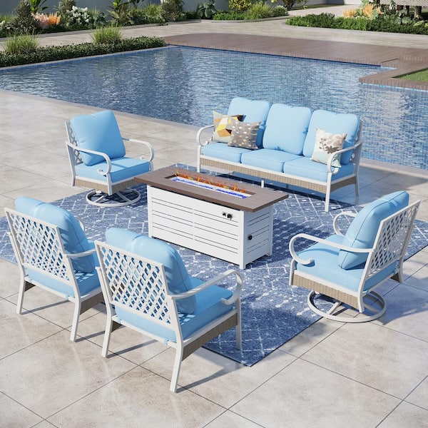PHI VILLA White 6-Piece Metal Outdoor Patio Conversation Seating Set with Swivel Chairs, 50000 BTU Fire Pit Table and Blue Cushion