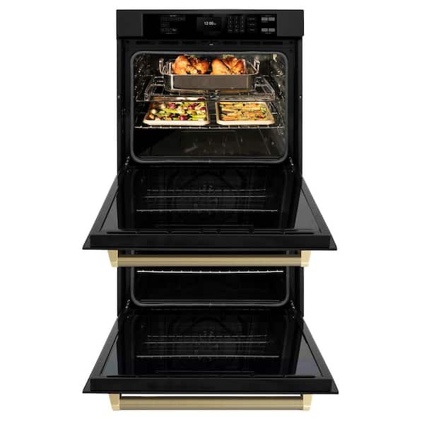 Autograph 30 in. True Convection Double Wall Oven with Air Fry in Black Steel with Champagne Bronze Helix Handles