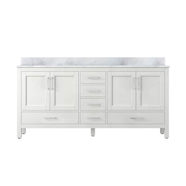 VANITYFUS 71.18 in. W x 21.65 in. D x 38.58 in. H Freestanding Bath Vanity in White with White Marble Top with Double Basins