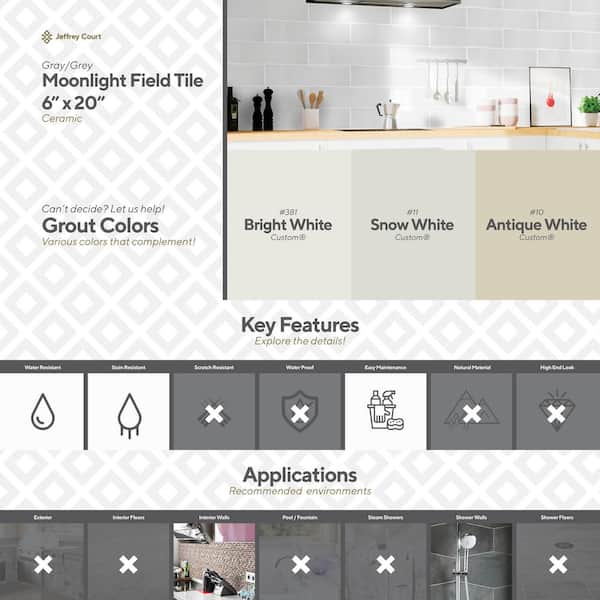 Jeffrey Court Moonlight Gray 6 in. x 20 in. Glossy Ceramic Wall Tile (10.76 sq. ft. / case) Jeffrey Court Moonlight Gray 6 in. x 20 in. Glossy Ceramic Wall Tile (10.76 sq. ft. / case)