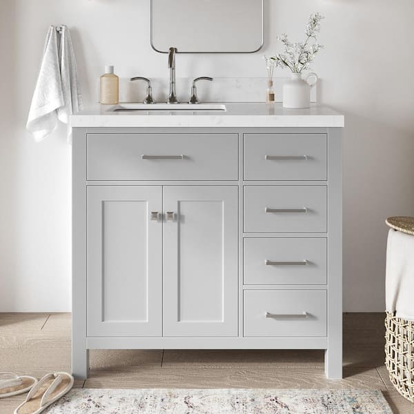 ARIEL Bristol 36.25 in. W x 22 in. D x 36 in. H Single Sink Freestanding Bath Vanity in Grey with Carrara White Quartz Top