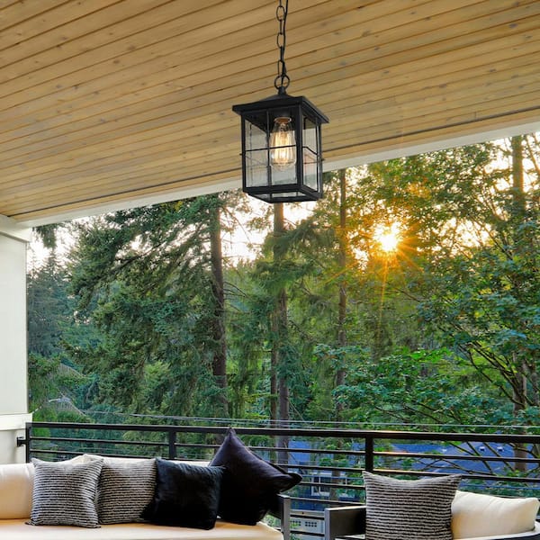 Modern Farmhouse Black Outdoor Hanging Lantern 1-Light Coastal Pendant with Seeded Glass Shade for Covered Patio Porch