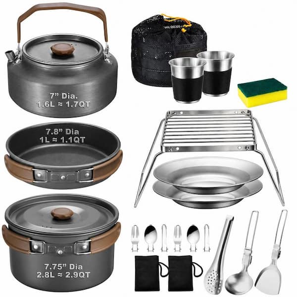 18 Piece Hard Anodized Aluminum Nonstick Cookware Set with Grill Grate, Pot, Pan, Kettle for Camping