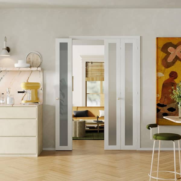 30 in. x 80 in. 1-Lite Frosted Glass Solid Core White PVC Covering MDF, 180° Bifold Door with Handles and Hinges