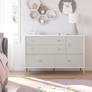 Valentina Asymmetrical 4 Drawer / 1 Door Convertible Dresser, White and Taupe