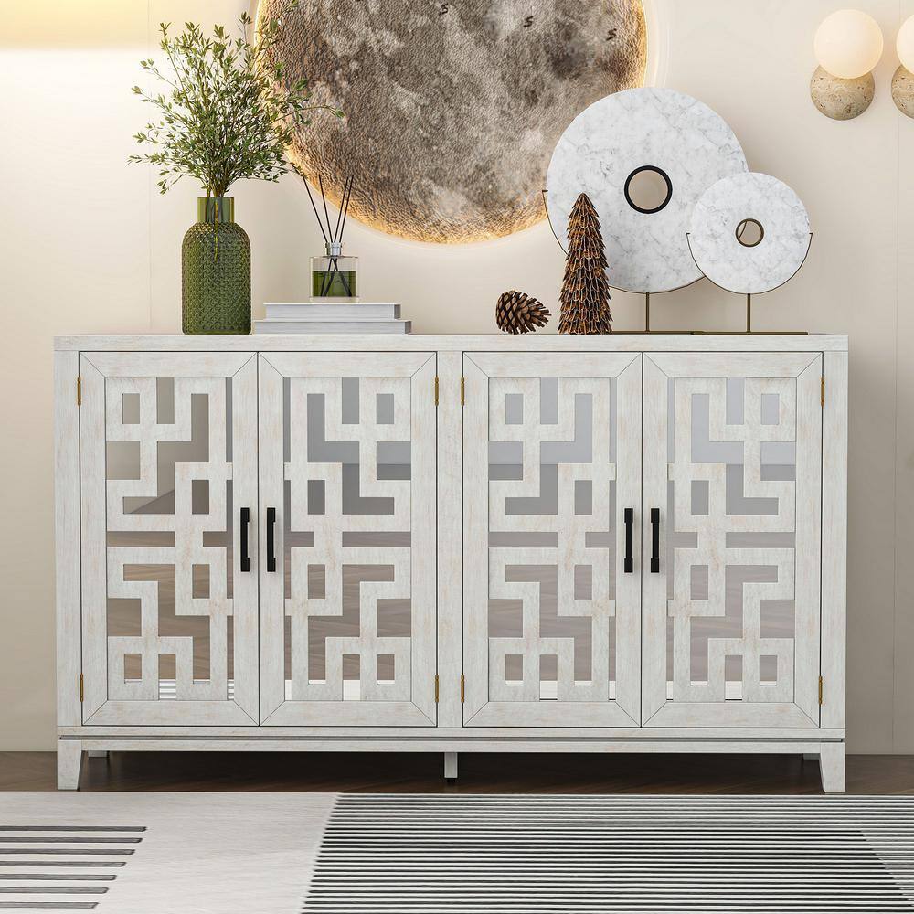 Natural Wood Wash and Solid Wood 60 in. Mirrored Buffet Sideboard with 2-Adjustable Shelves