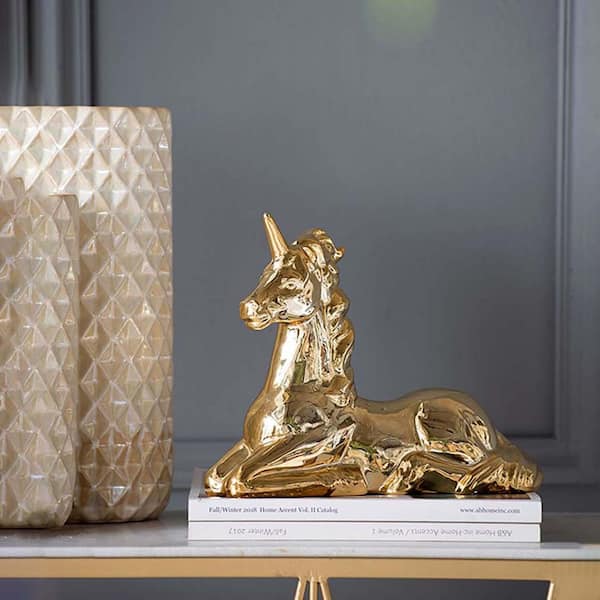 TENGYA LLC Gold 11 in. x 9 in. Ceramic Unicorn Ornament Figurine, Personalized Ceramic Figurine-Home and Office Decor