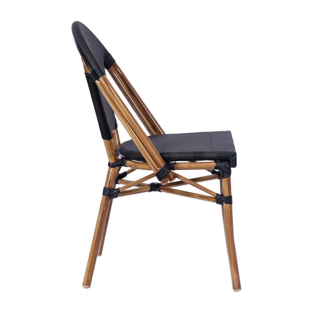 Black and Natural Armless Stacking Bistro Chairs with Metal Frame, Set of 2