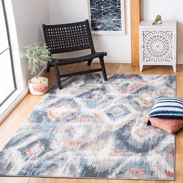 Phoenix 7 ft. x 7 ft. Ivory/Blue Distressed Diamond Square Area Rug