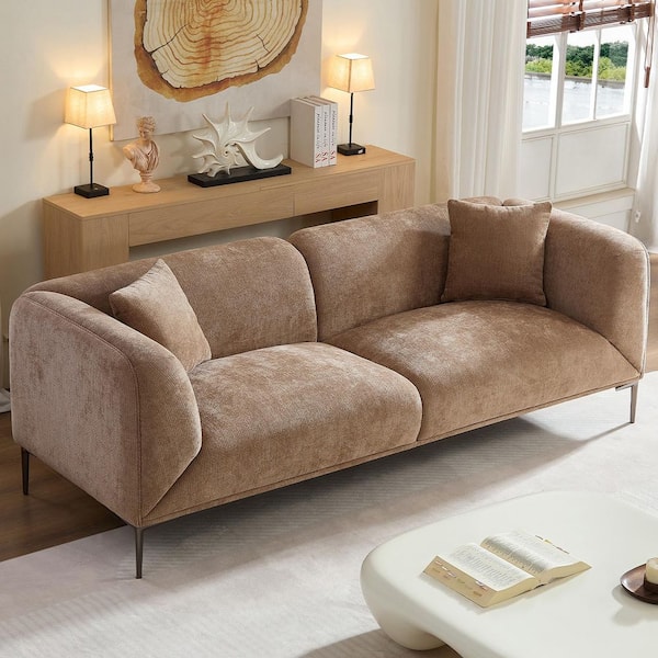 Kelland Modern 82.68 in. Fabric Upholstered Rectangle 3-Seater Sofa in Camel & Brown with Metal Legs and Pillows