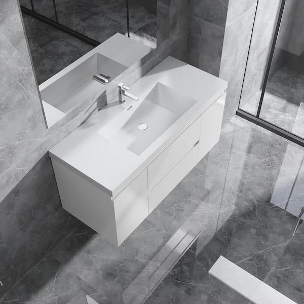 Alice 48 in. W x 20 in. D x 22 in. H Single Floating Bathroom Vanity in Gloss White with Solid Surface Sink Top in White