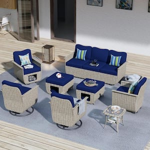 Aphrodite 8-Piece Wicker Patio Conversation Seating Sofa Set with Navy Blue Cushions and Swivel Rocking Chairs