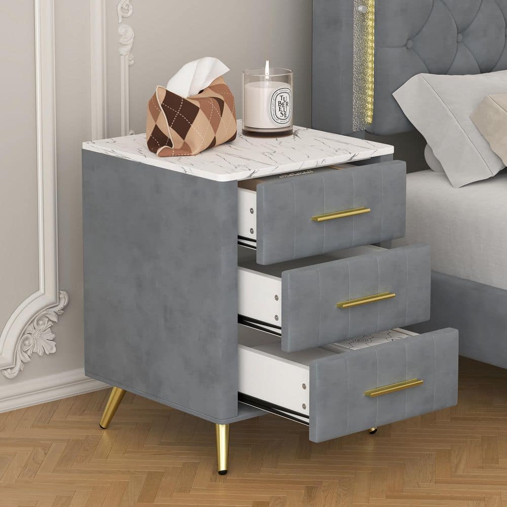 Grey Wooden 3-Drawer 16.3 in. W Velvet Upholstered Nightstand with Marbling Stickers Worktop, Metal Legs and Handles