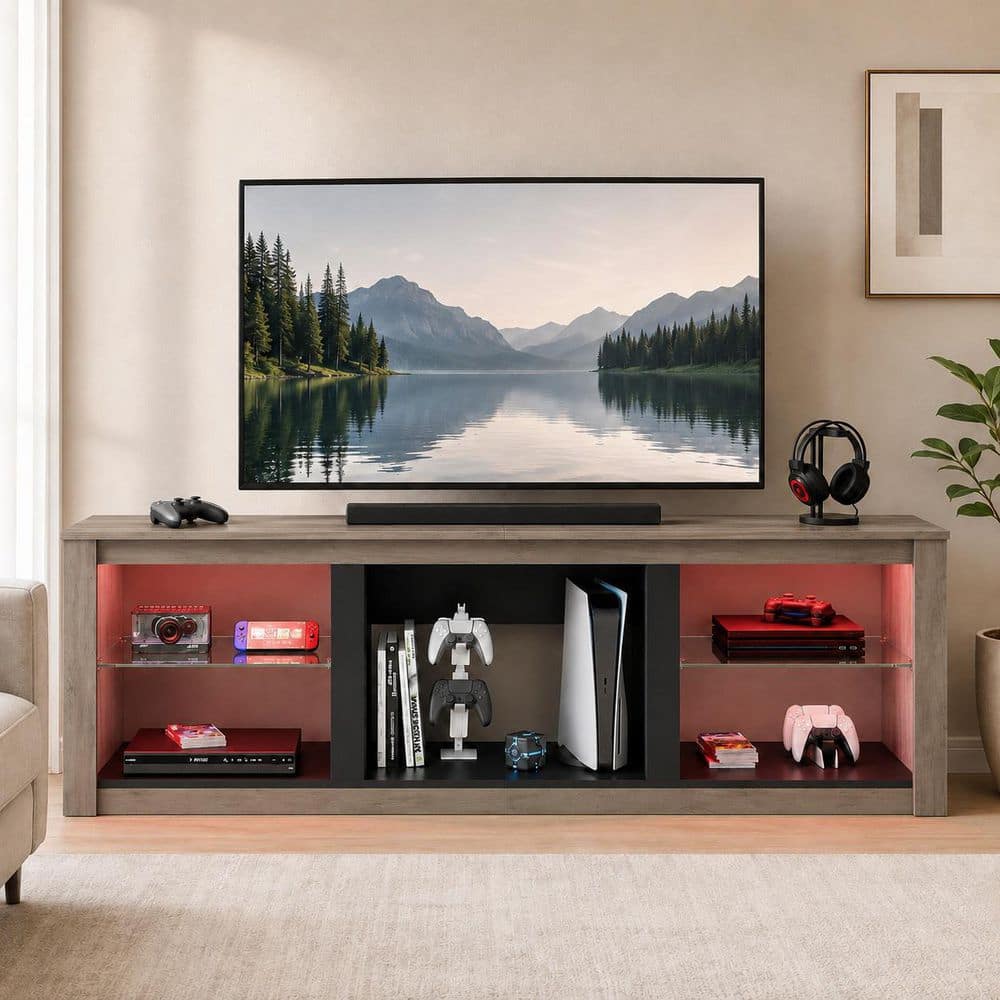70 in. Wash Grey TV Stand Fits TV's up to 75 in. with Tempered Glass Shelves LED Lights and Large Open Storage